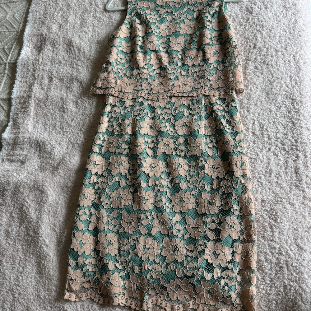 Everly Teal and Cream Lace Midi Dress
